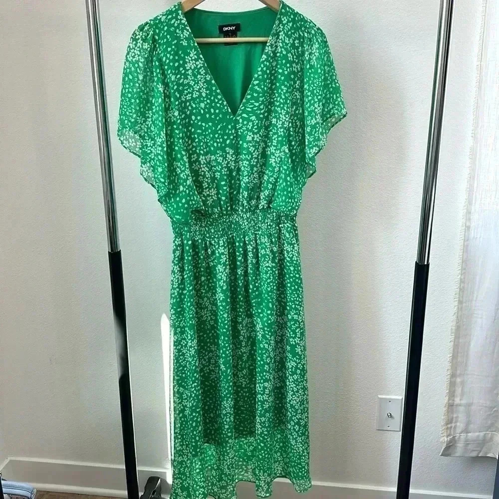 DKNY Chiffon V-Neck Flutter-Sleeve Midi Dress size 14